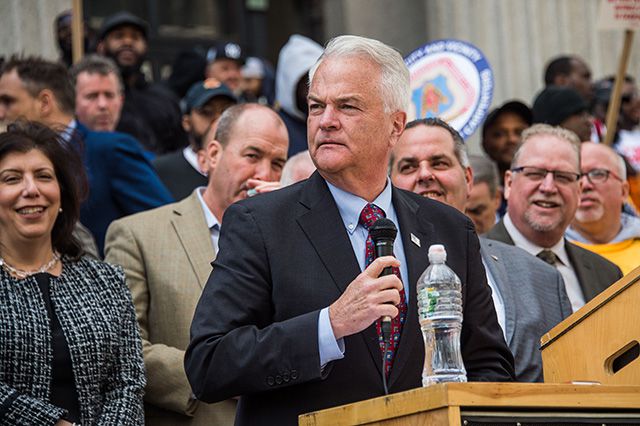 Staten Island District Attorney Michael McMahon at an April 2019 protest against tax fraud.